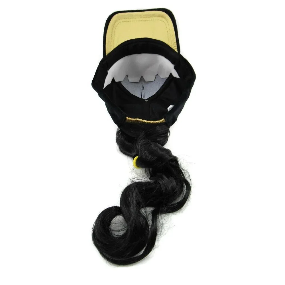 Baseball Hat with Brunette Faux Hair Black & Gold Cat Girls Cap One Size New